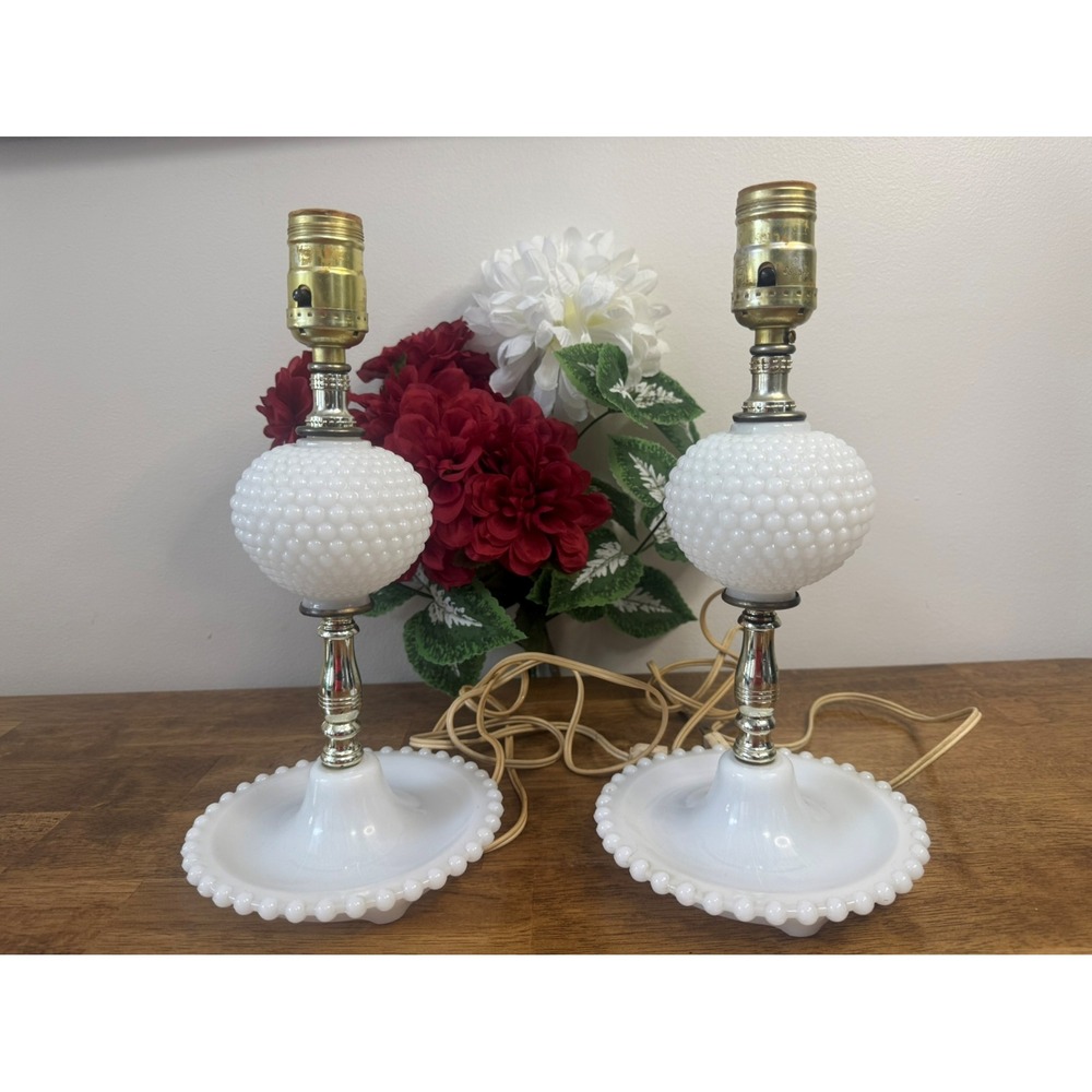 Vintage Milk Glass Hobnail Table Lamps Pair Beaded Base Mid Century MCM Decor